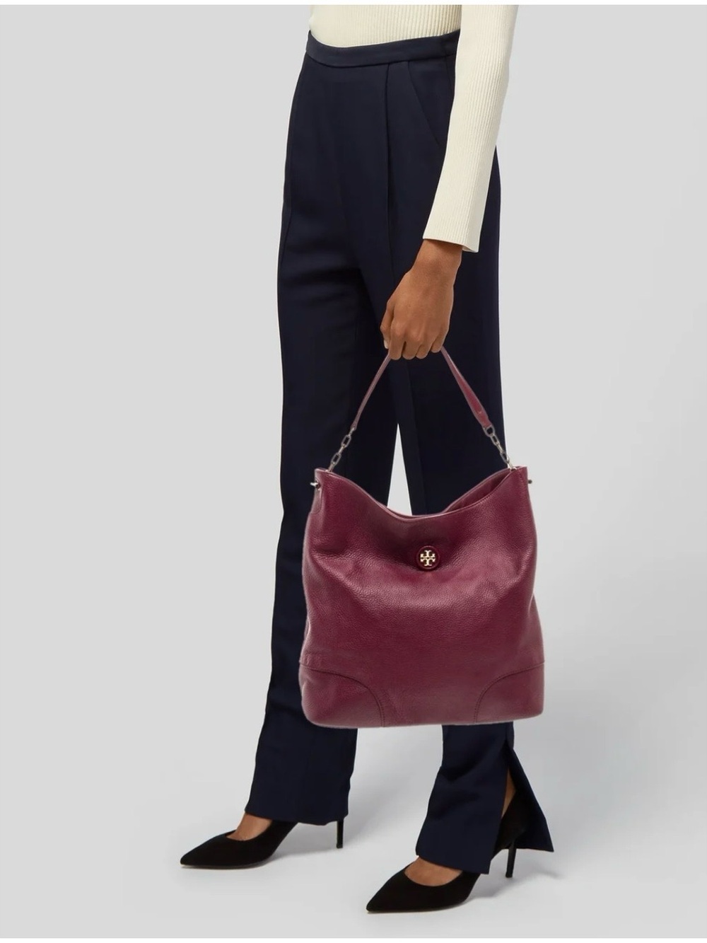 Tory Burch Hobo Shoulder Handbag Gold Detail burgundy